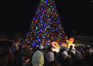 Gathering of people in front of large Christmas tree